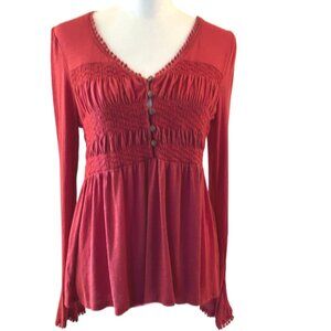 15/Fifteen Red Empire Boho Long Sleeve Button Front Top  Size Small